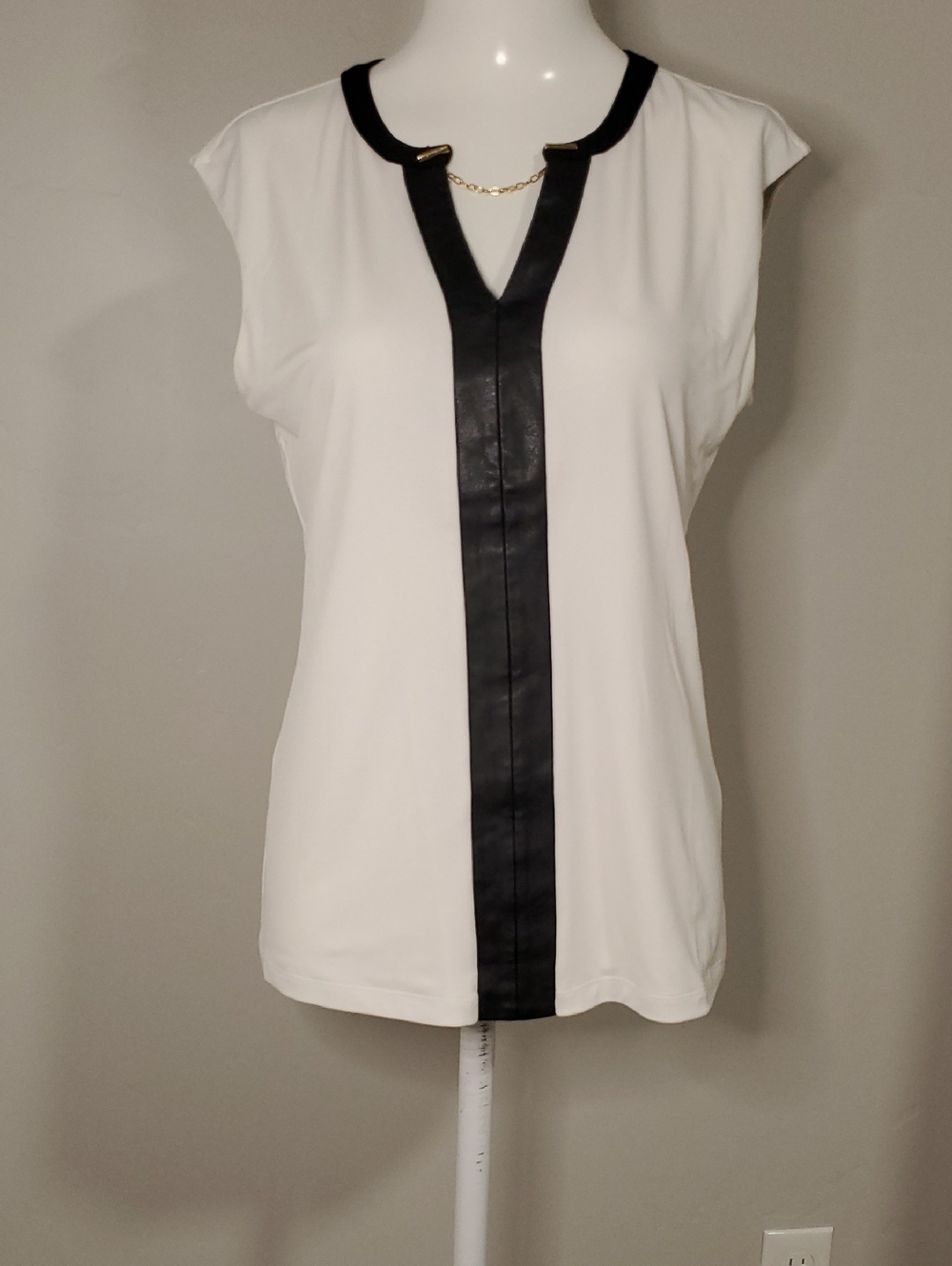 Calvin Klein White Tank Top with Black Trim and Gold Chain